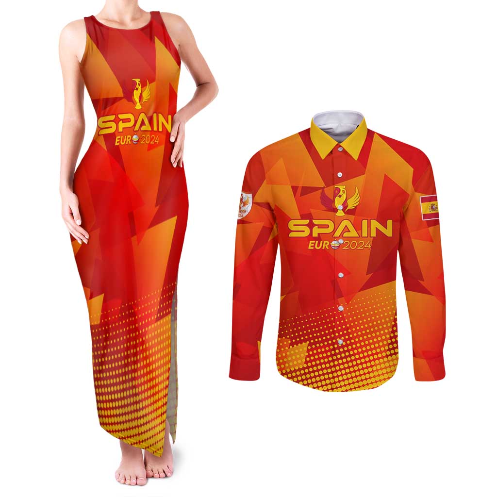 Personalized Spain Football 2024 Couples Matching Tank Maxi Dress and Long Sleeve Button Shirt Trophy Wing Style - Wonder Print Shop