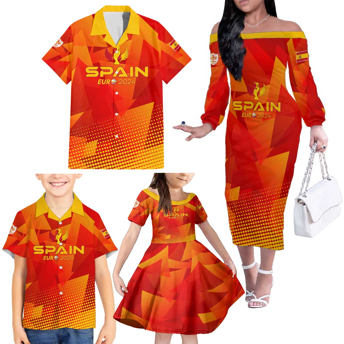 Personalized Spain Football 2024 Family Matching Off The Shoulder Long Sleeve Dress and Hawaiian Shirt Trophy Wing Style - Wonder Print Shop