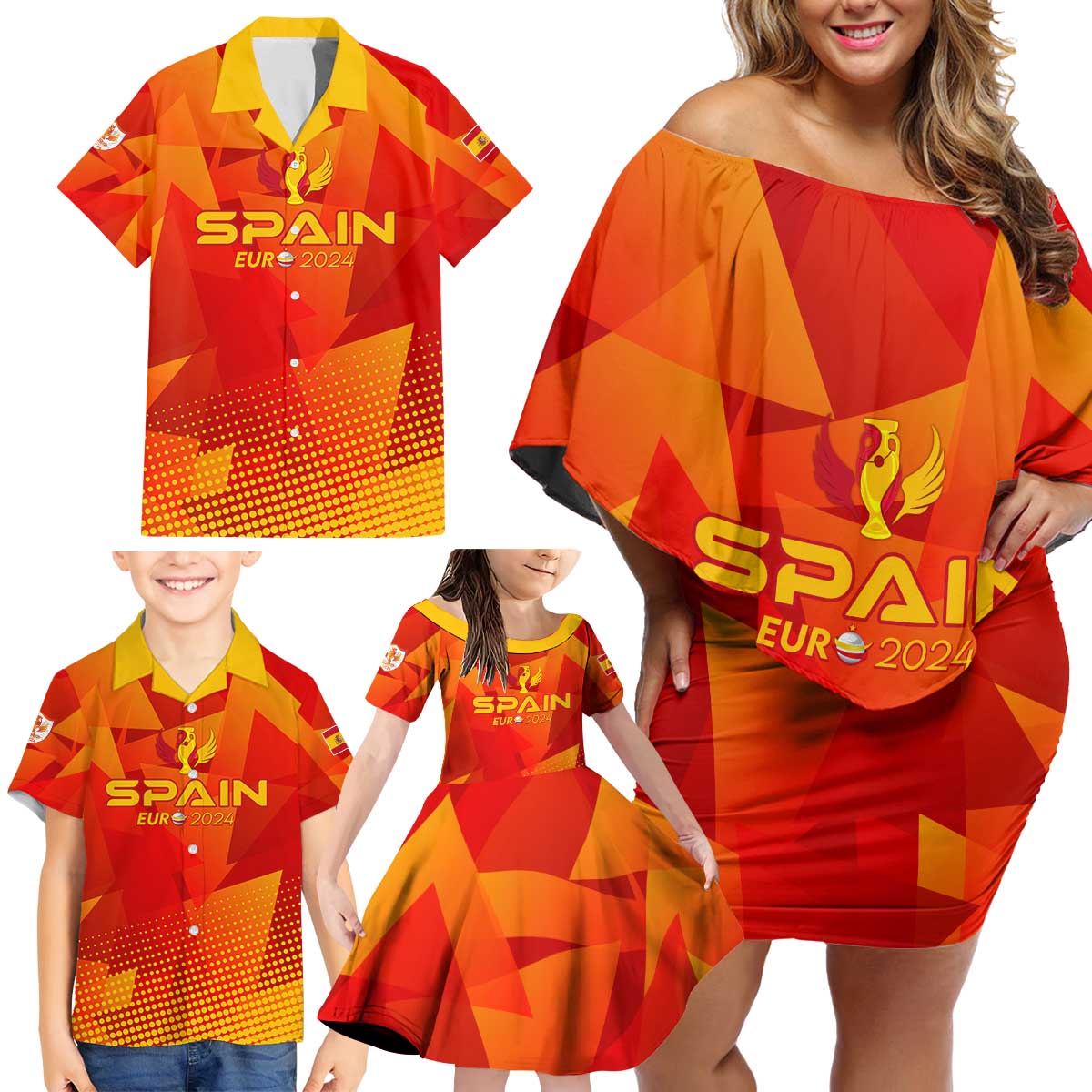 Personalized Spain Football 2024 Family Matching Off Shoulder Short Dress and Hawaiian Shirt Trophy Wing Style - Wonder Print Shop