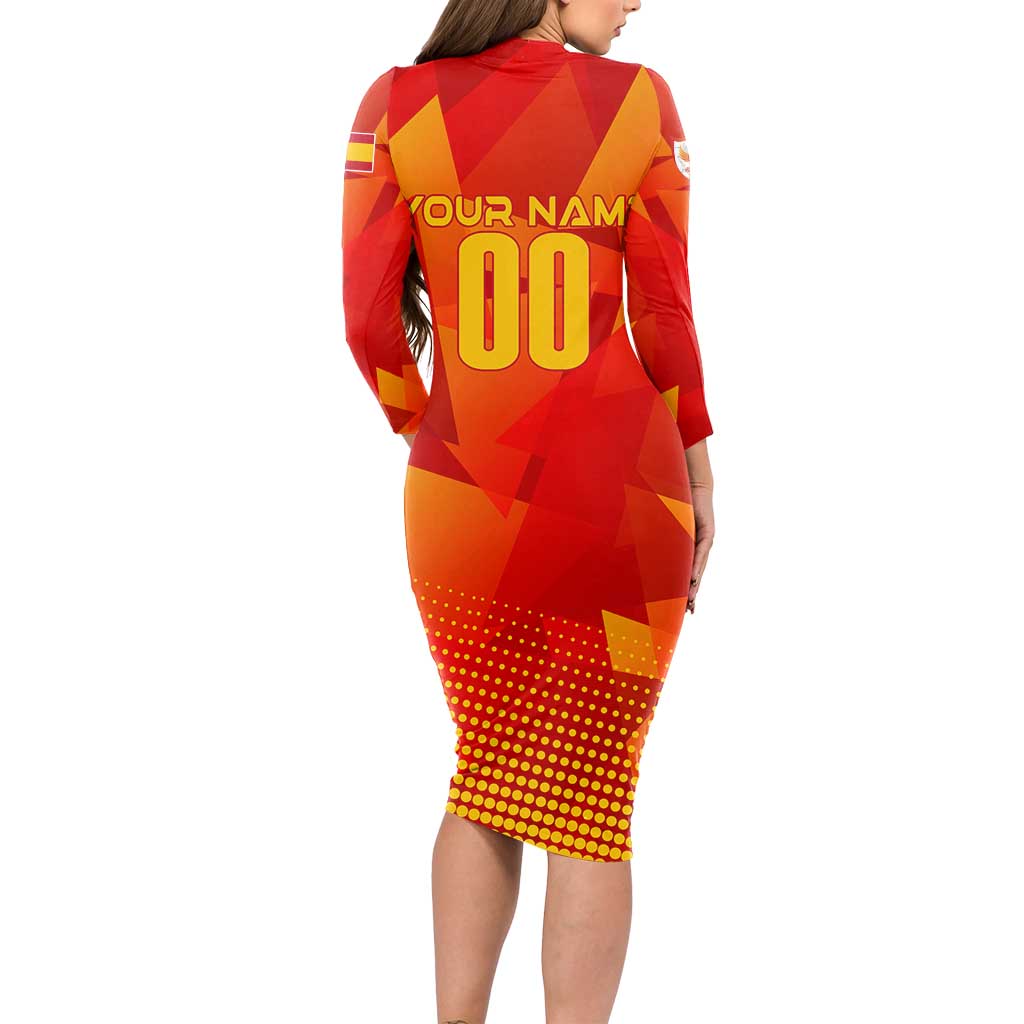 Personalized Spain Football 2024 Long Sleeve Bodycon Dress Trophy Wing Style - Wonder Print Shop