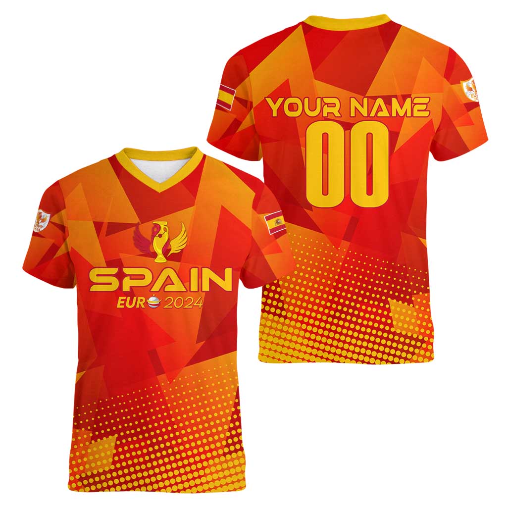Personalized Spain Football 2024 Women V-Neck T-Shirt Trophy Wing Style - Wonder Print Shop