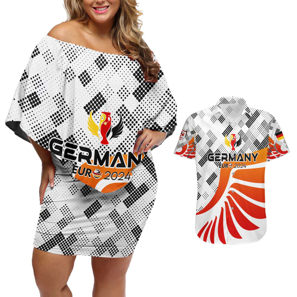 Personalized Germany Football 2024 Couples Matching Off Shoulder Short Dress and Hawaiian Shirt Trophy Wing Style - Wonder Print Shop