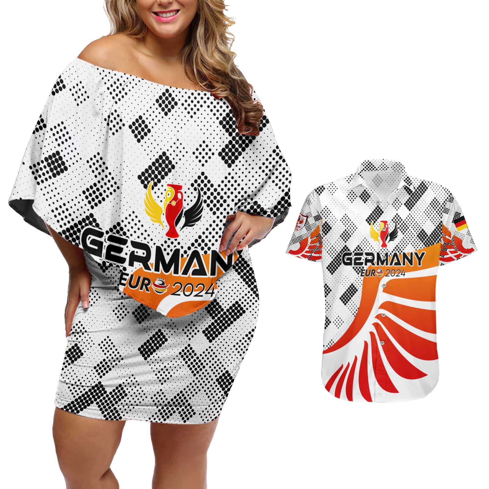 Personalized Germany Football 2024 Couples Matching Off Shoulder Short Dress and Hawaiian Shirt Trophy Wing Style - Wonder Print Shop