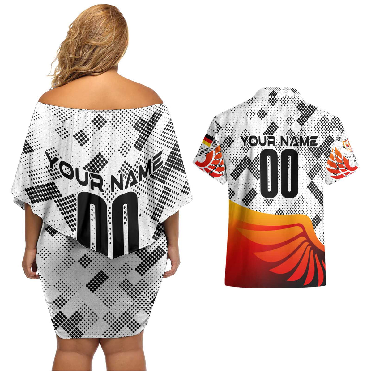 Personalized Germany Football 2024 Couples Matching Off Shoulder Short Dress and Hawaiian Shirt Trophy Wing Style - Wonder Print Shop