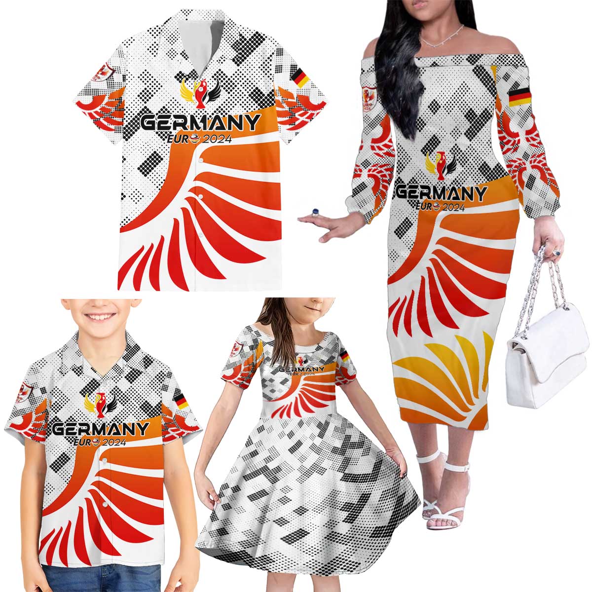 Personalized Germany Football 2024 Family Matching Off The Shoulder Long Sleeve Dress and Hawaiian Shirt Trophy Wing Style - Wonder Print Shop
