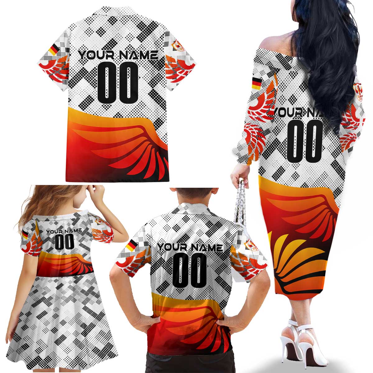 Personalized Germany Football 2024 Family Matching Off The Shoulder Long Sleeve Dress and Hawaiian Shirt Trophy Wing Style - Wonder Print Shop