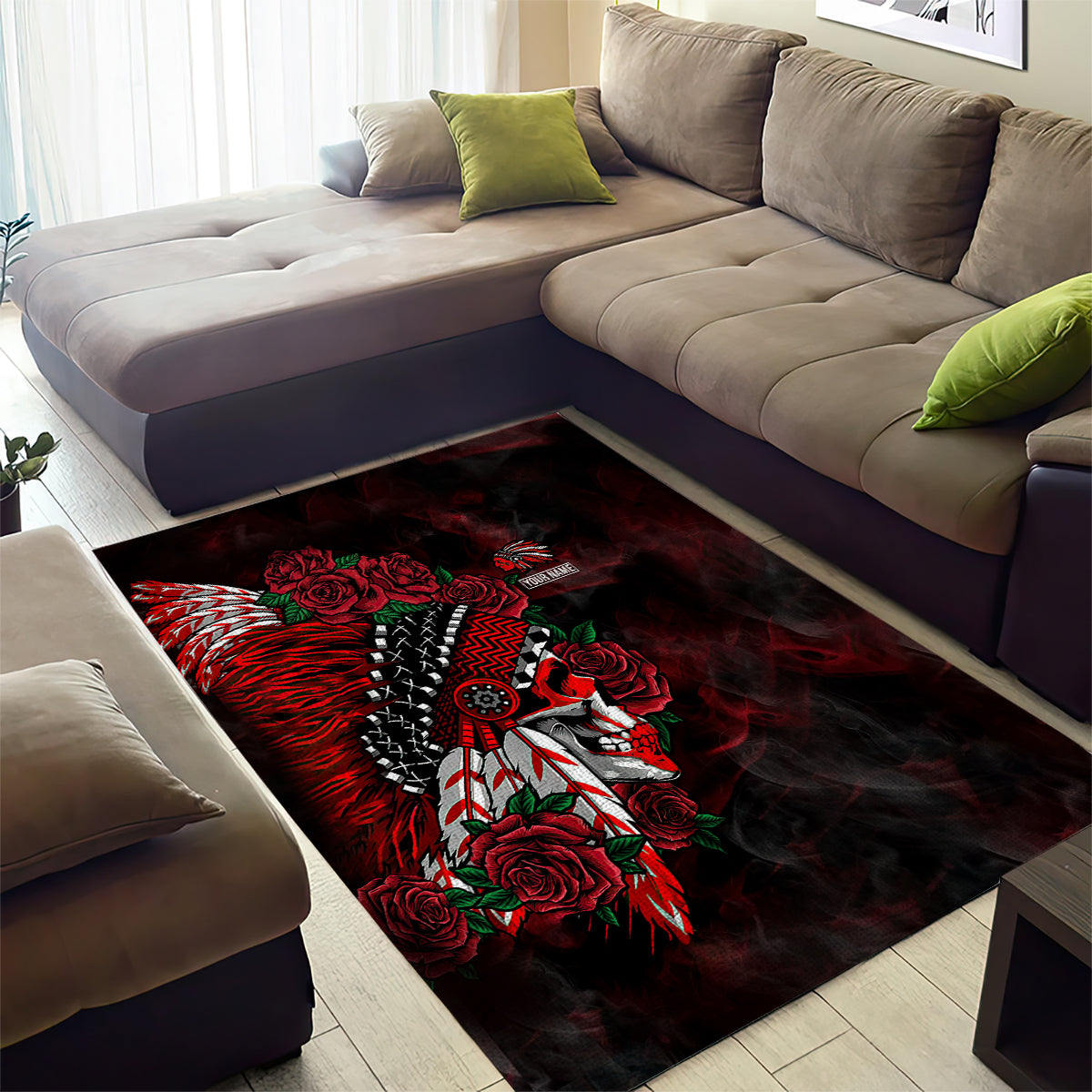 Personalised Native American Chief Skull Area Rug Rose Skull - Wonder Print Shop