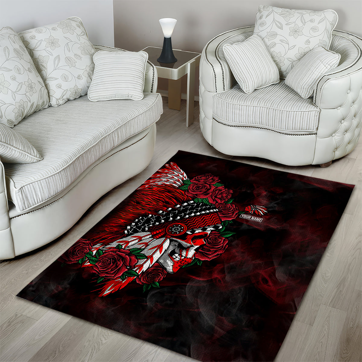 Personalised Native American Chief Skull Area Rug Rose Skull - Wonder Print Shop