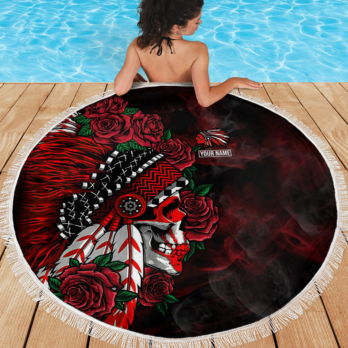 Personalised Native American Chief Skull Beach Blanket Rose Skull - Wonder Print Shop