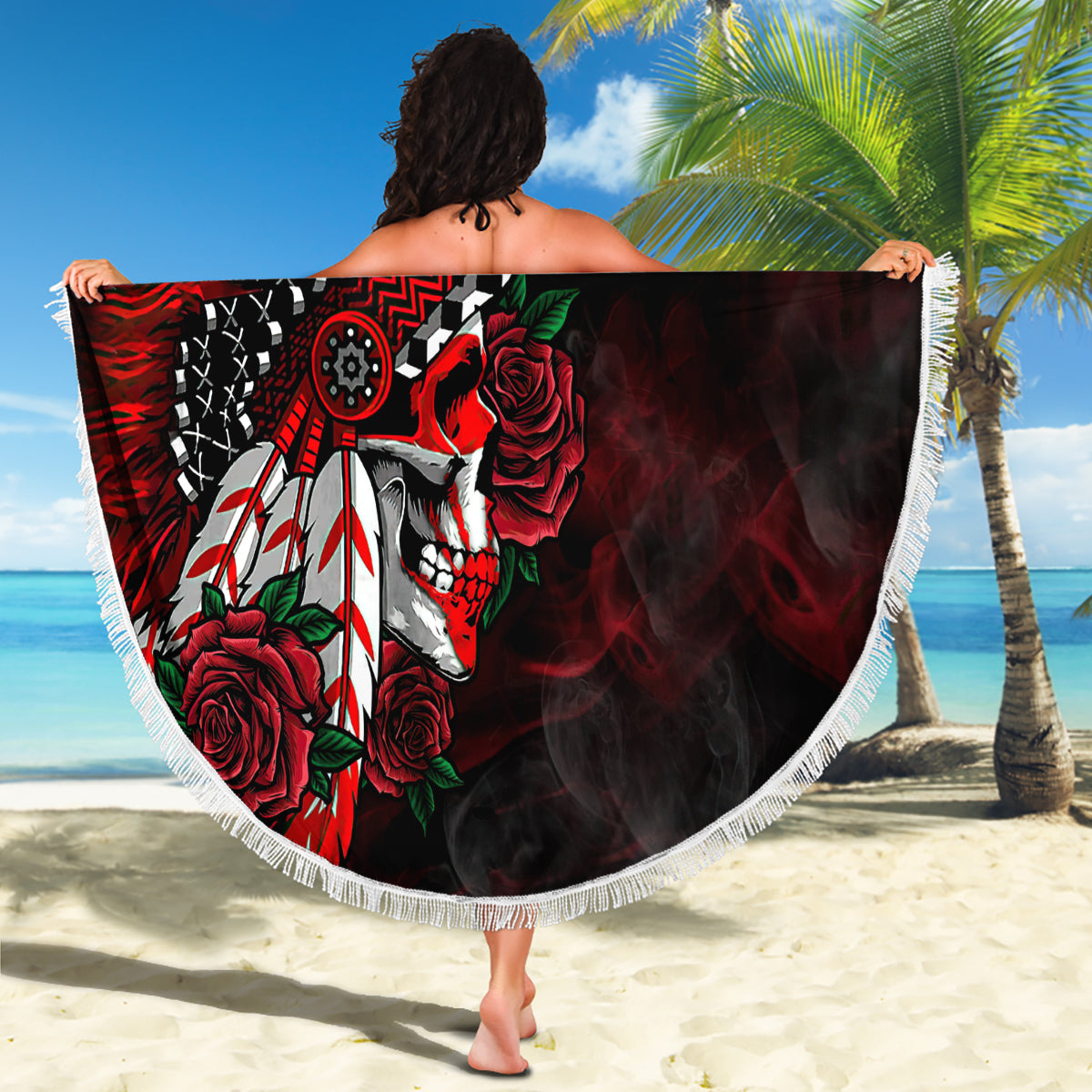 Personalised Native American Chief Skull Beach Blanket Rose Skull - Wonder Print Shop