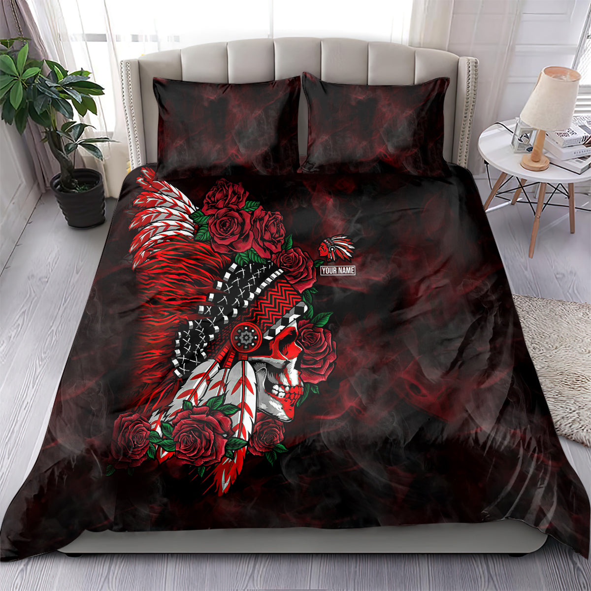 Personalised Native American Chief Skull Bedding Set Rose Skull - Wonder Print Shop