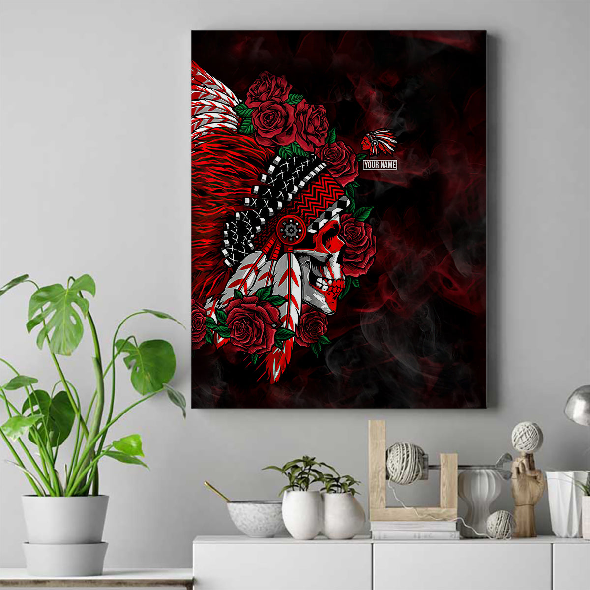 Personalised Native American Chief Skull Canvas Wall Art Rose Skull - Wonder Print Shop