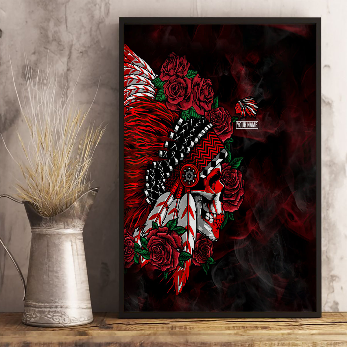 Personalised Native American Chief Skull Canvas Wall Art Rose Skull - Wonder Print Shop