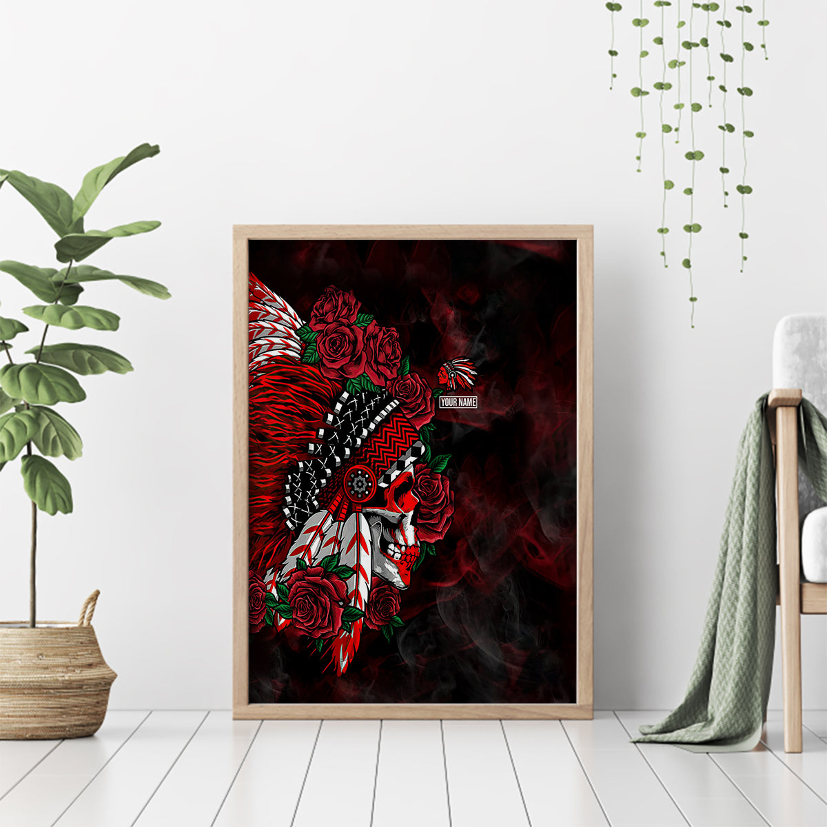 Personalised Native American Chief Skull Canvas Wall Art Rose Skull - Wonder Print Shop