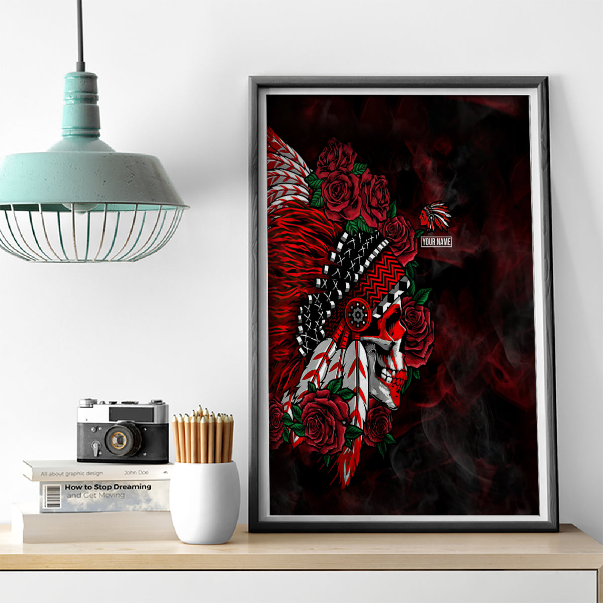 Personalised Native American Chief Skull Canvas Wall Art Rose Skull - Wonder Print Shop