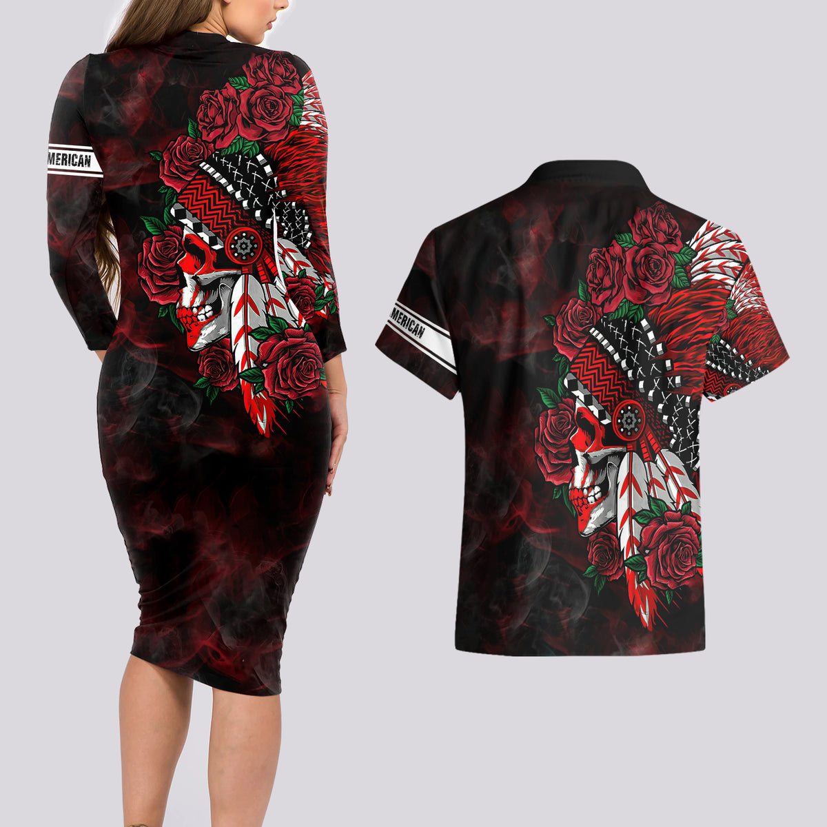 Personalised Native American Chief Skull Couples Matching Long Sleeve Bodycon Dress and Hawaiian Shirt Rose Skull - Wonder Print Shop