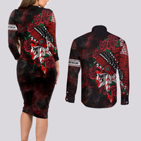 Personalised Native American Chief Skull Couples Matching Long Sleeve Bodycon Dress and Long Sleeve Button Shirts Rose Skull - Wonder Print Shop