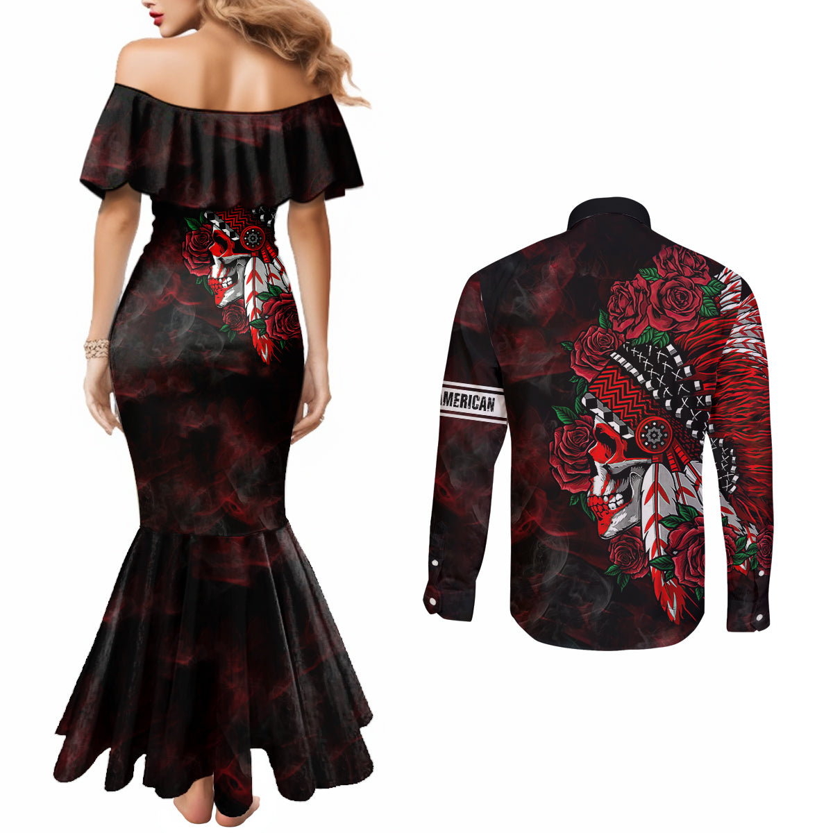 personalised-native-american-chief-skull-couples-matching-mermaid-dress-and-long-sleeve-button-shirts-rose-skull