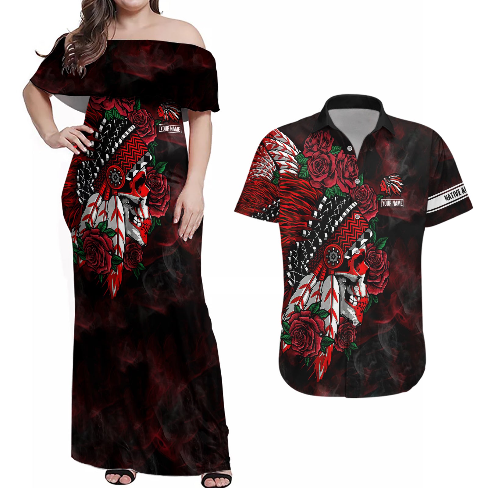 Personalised Native American Chief Skull Couples Matching Off Shoulder Maxi Dress and Hawaiian Shirt Rose Skull - Wonder Print Shop