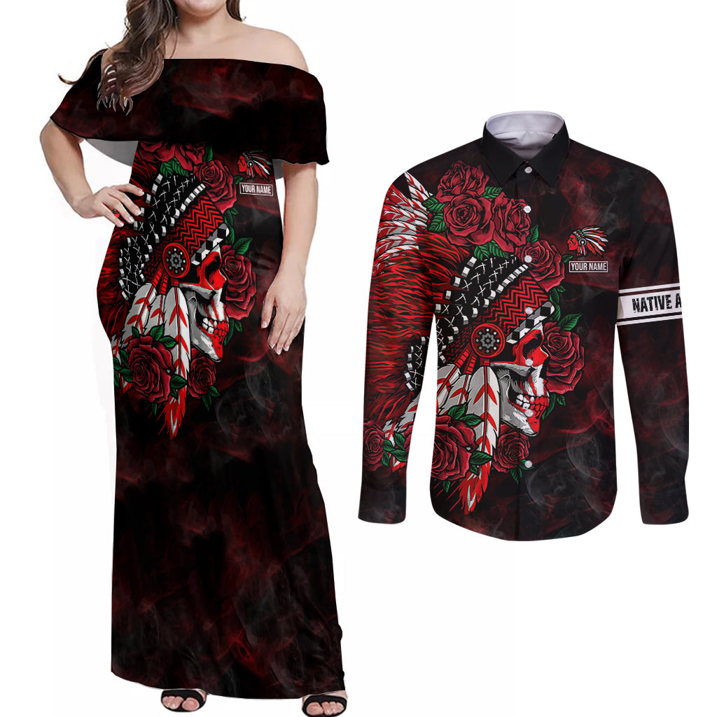 personalised-native-american-chief-skull-couples-matching-off-shoulder-maxi-dress-and-long-sleeve-button-shirts-rose-skull