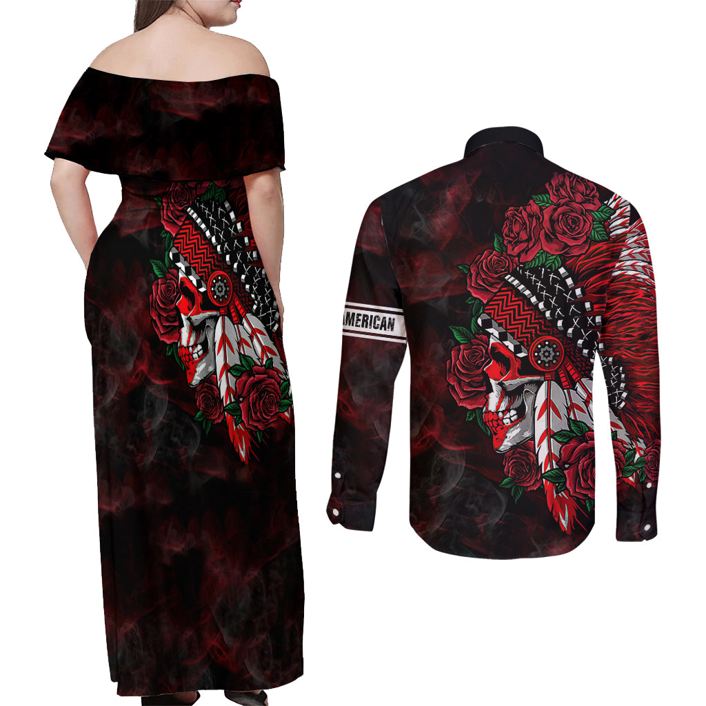 Personalised Native American Chief Skull Couples Matching Off Shoulder Maxi Dress and Long Sleeve Button Shirts Rose Skull - Wonder Print Shop