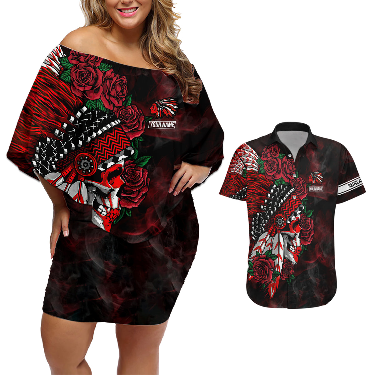 Personalised Native American Chief Skull Couples Matching Off Shoulder Short Dress and Hawaiian Shirt Rose Skull - Wonder Print Shop