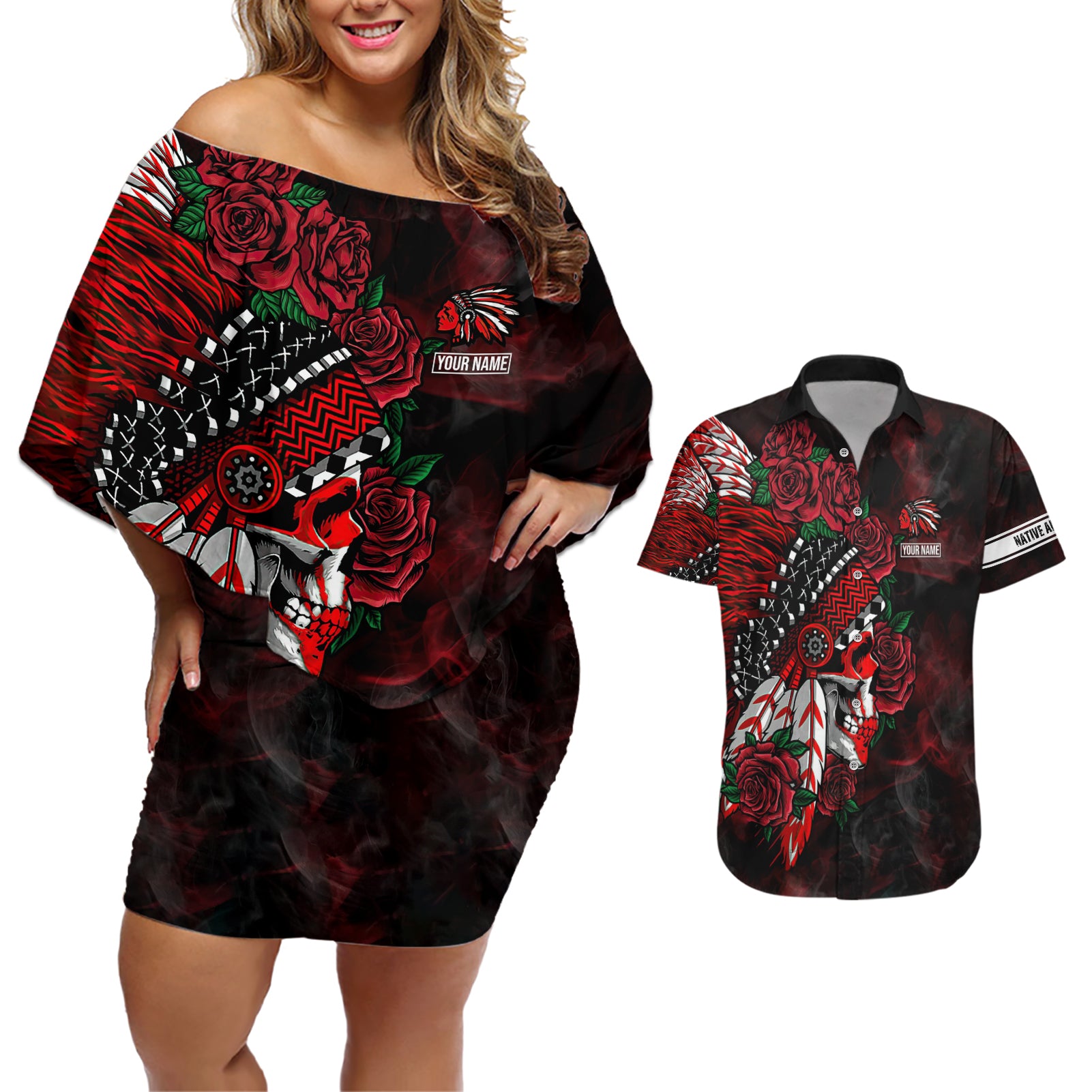 Personalised Native American Chief Skull Couples Matching Off Shoulder Short Dress and Hawaiian Shirt Rose Skull - Wonder Print Shop