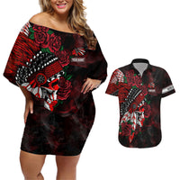 Personalised Native American Chief Skull Couples Matching Off Shoulder Short Dress and Hawaiian Shirt Rose Skull - Wonder Print Shop