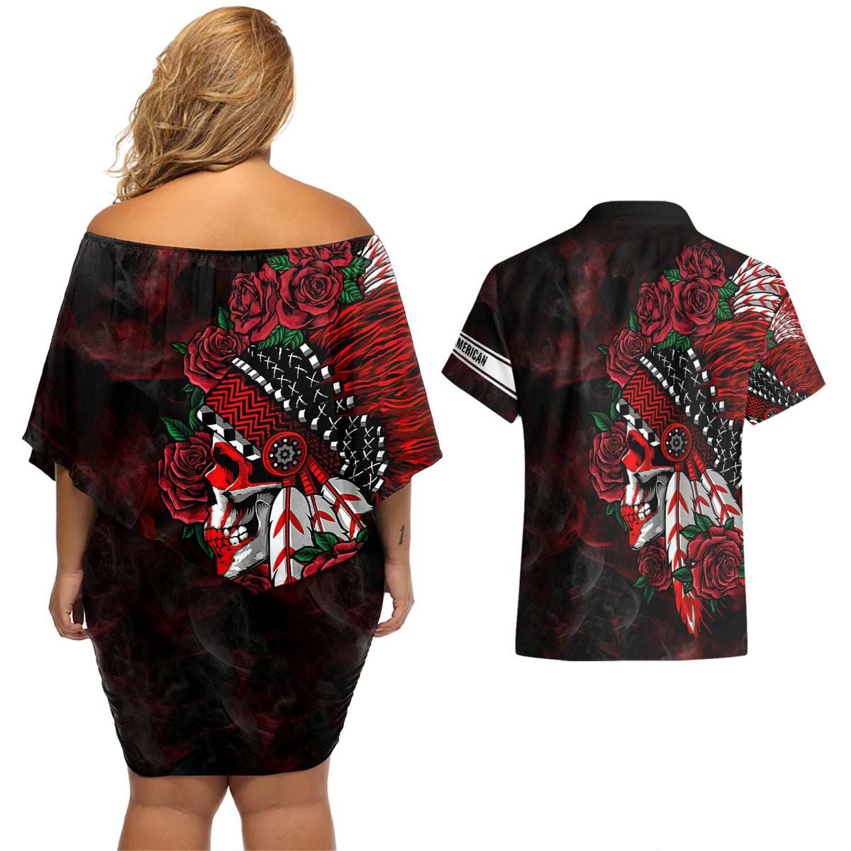 Personalised Native American Chief Skull Couples Matching Off Shoulder Short Dress and Hawaiian Shirt Rose Skull - Wonder Print Shop