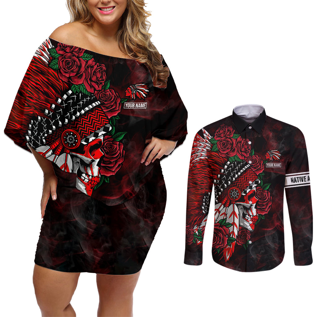 Personalised Native American Chief Skull Couples Matching Off Shoulder Short Dress and Long Sleeve Button Shirts Rose Skull - Wonder Print Shop