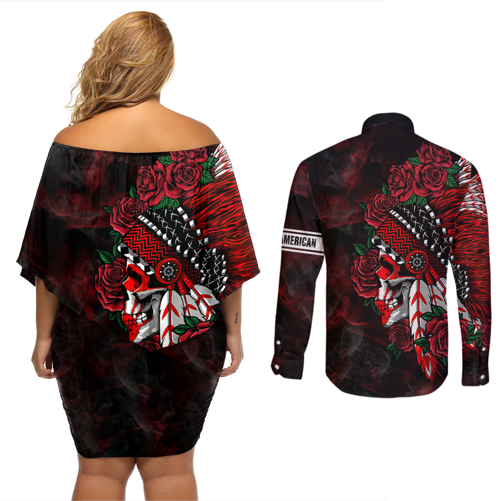 Personalised Native American Chief Skull Couples Matching Off Shoulder Short Dress and Long Sleeve Button Shirts Rose Skull - Wonder Print Shop