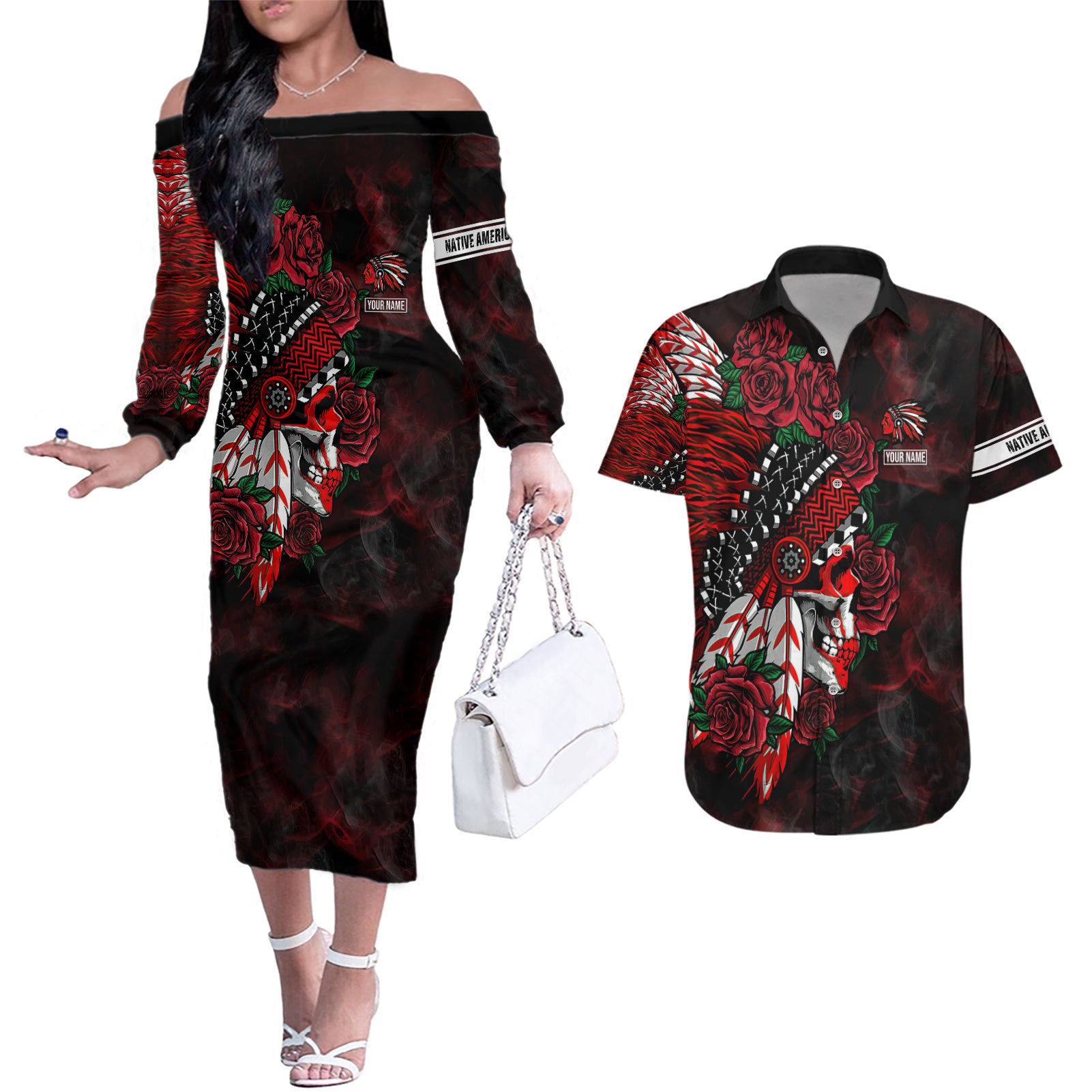 Personalised Native American Chief Skull Couples Matching Off The Shoulder Long Sleeve Dress and Hawaiian Shirt Rose Skull - Wonder Print Shop