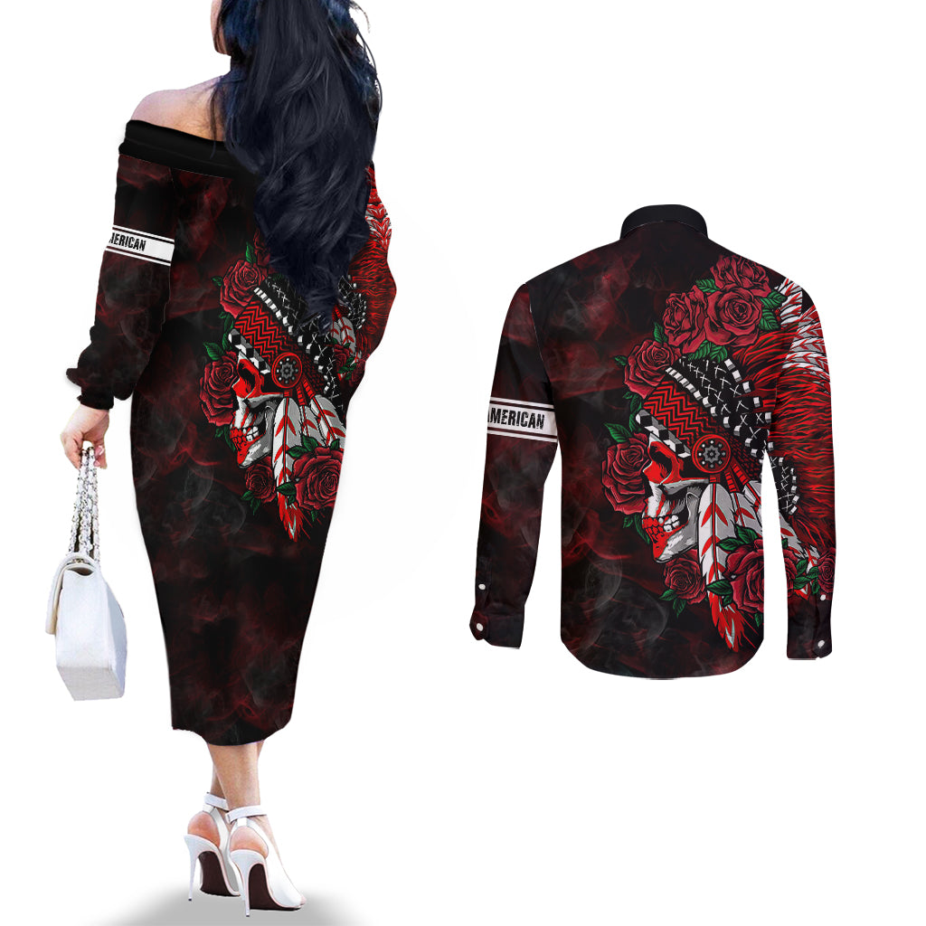 personalised-native-american-chief-skull-couples-matching-off-the-shoulder-long-sleeve-dress-and-long-sleeve-button-shirts-rose-skull