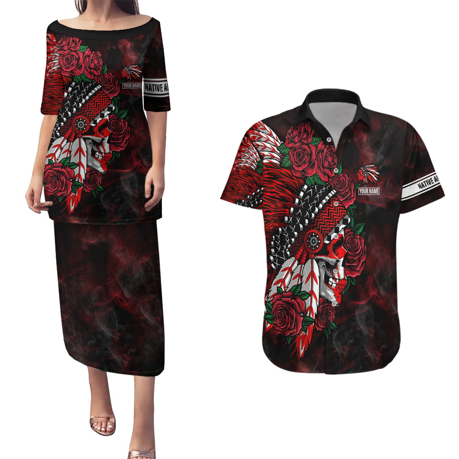 Personalised Native American Chief Skull Couples Matching Puletasi Dress and Hawaiian Shirt Rose Skull - Wonder Print Shop