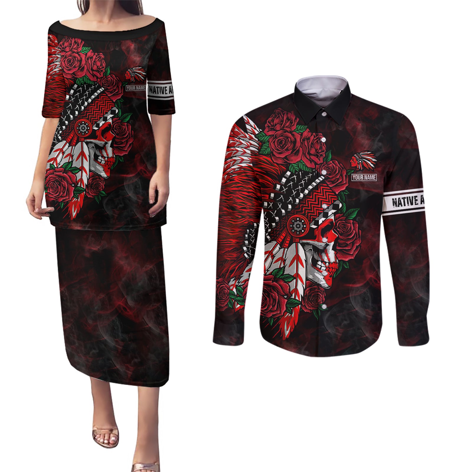personalised-native-american-chief-skull-couples-matching-puletasi-dress-and-long-sleeve-button-shirts-rose-skull