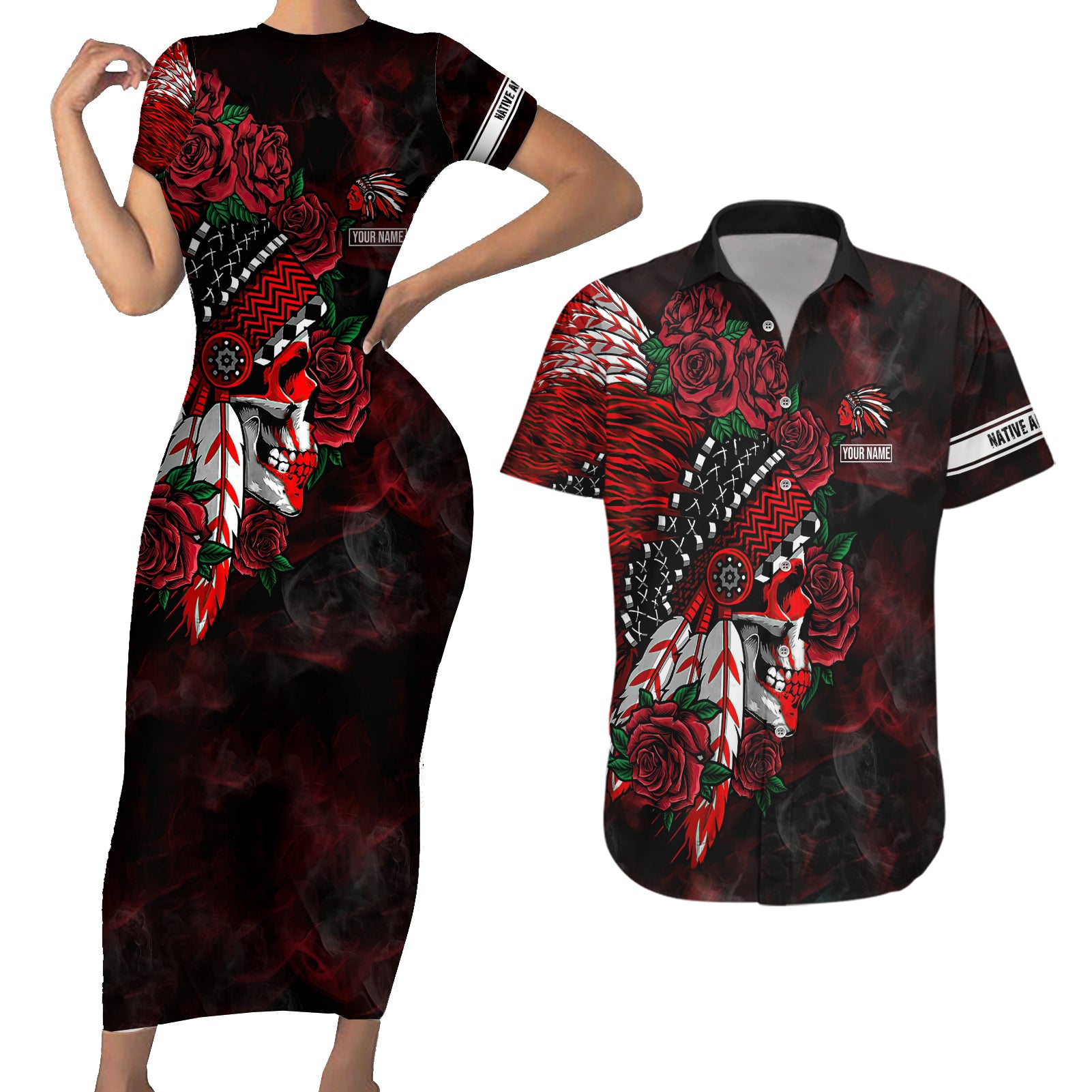 Personalised Native American Chief Skull Couples Matching Short Sleeve Bodycon Dress and Hawaiian Shirt Rose Skull - Wonder Print Shop