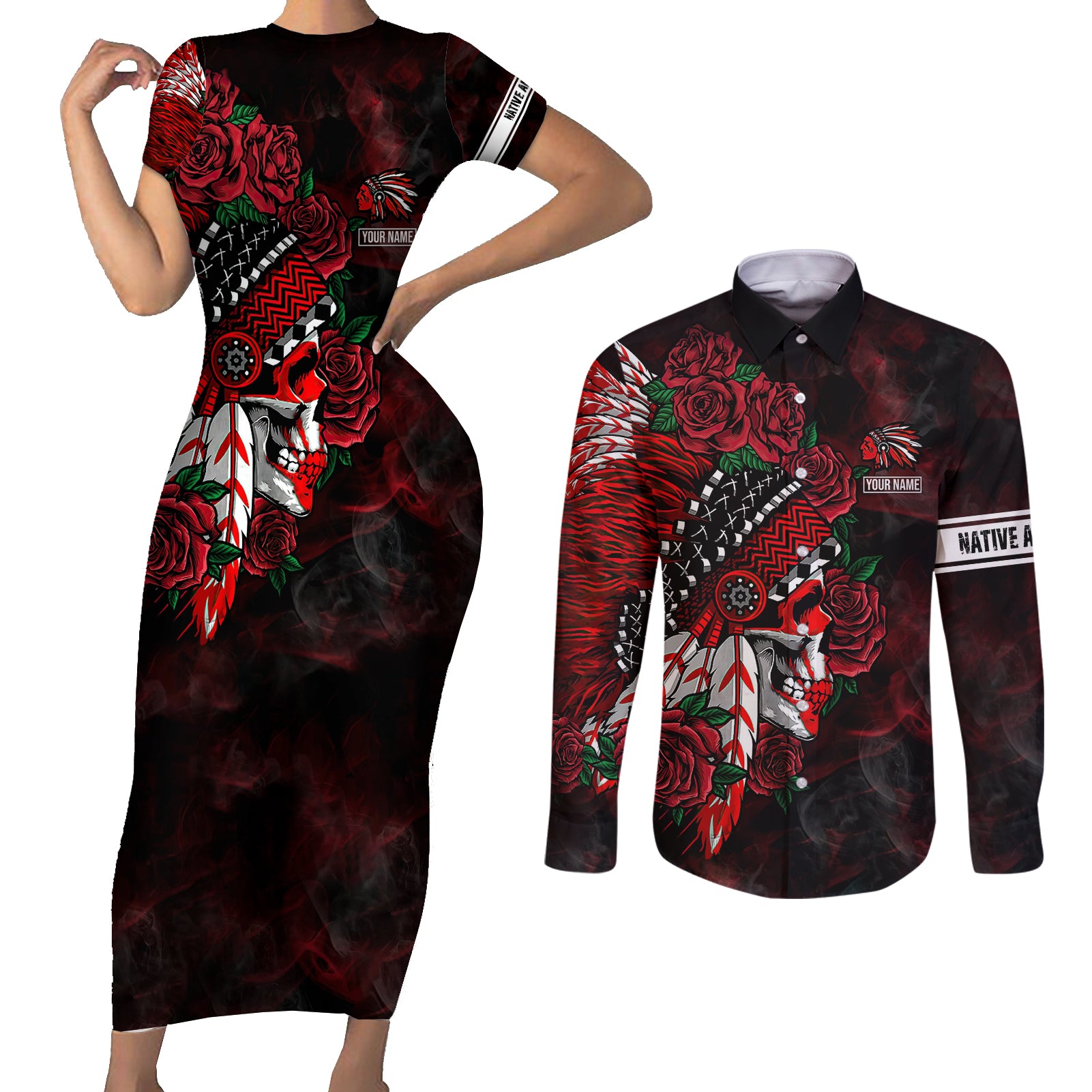 personalised-native-american-chief-skull-couples-matching-short-sleeve-bodycon-dress-and-long-sleeve-button-shirts-rose-skull