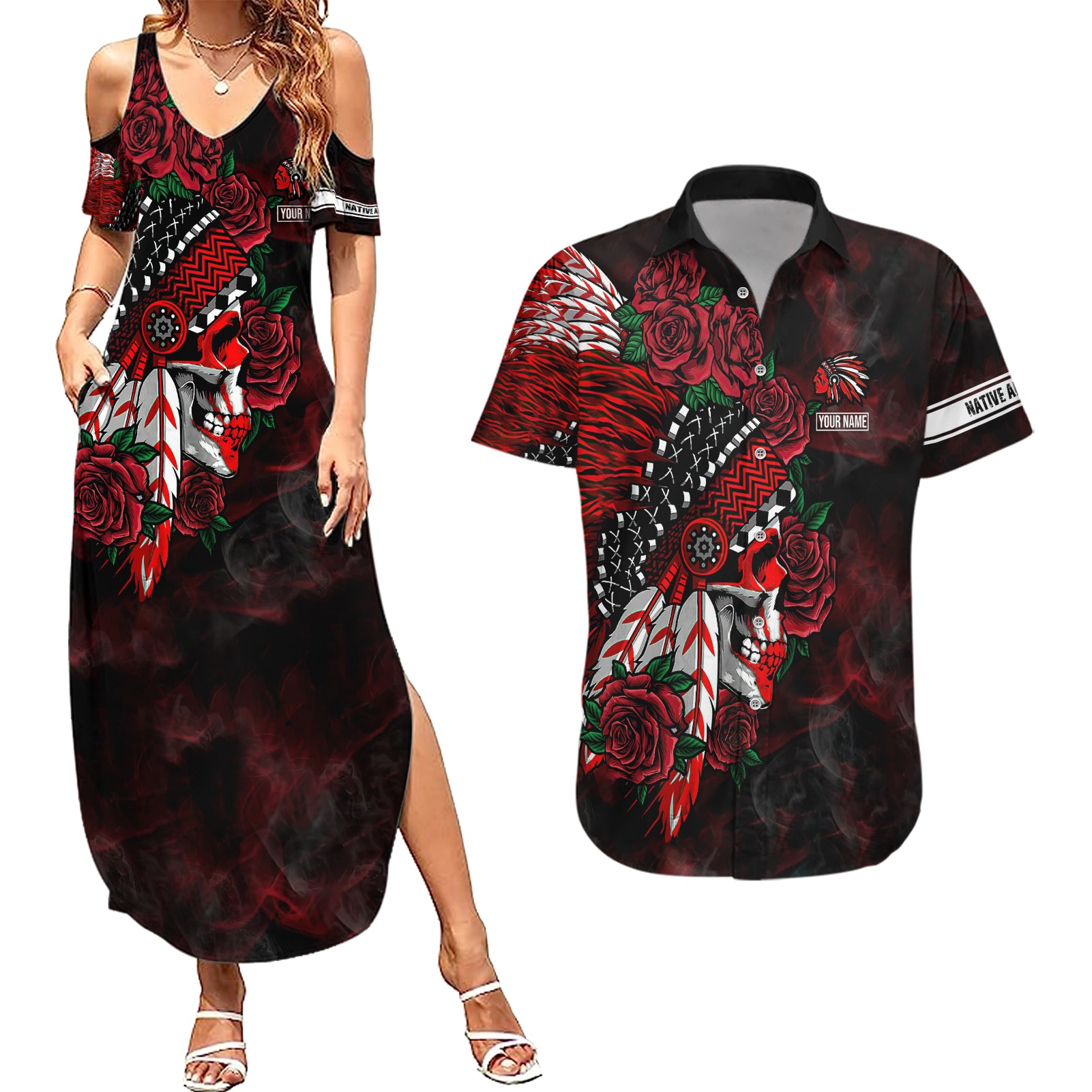 Personalised Native American Chief Skull Couples Matching Summer Maxi Dress and Hawaiian Shirt Rose Skull - Wonder Print Shop