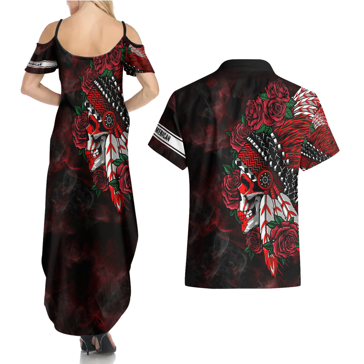 Personalised Native American Chief Skull Couples Matching Summer Maxi Dress and Hawaiian Shirt Rose Skull - Wonder Print Shop