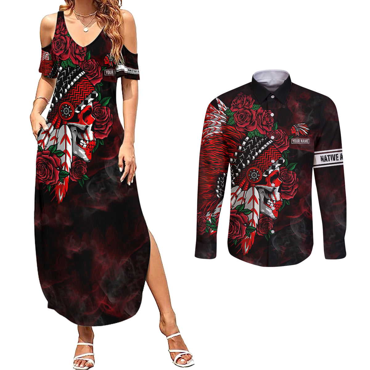 personalised-native-american-chief-skull-couples-matching-summer-maxi-dress-and-long-sleeve-button-shirts-rose-skull