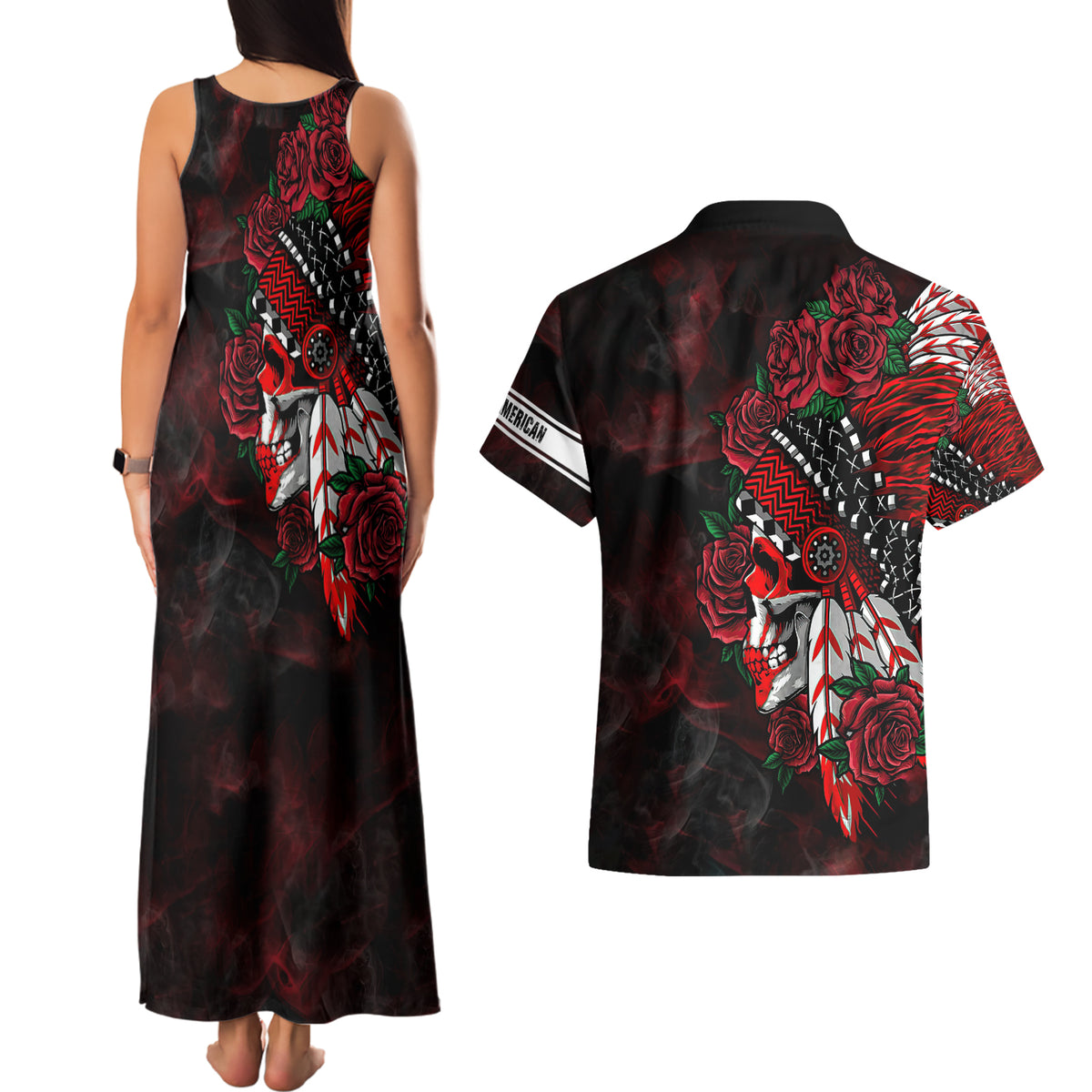 Personalised Native American Chief Skull Couples Matching Tank Maxi Dress and Hawaiian Shirt Rose Skull - Wonder Print Shop