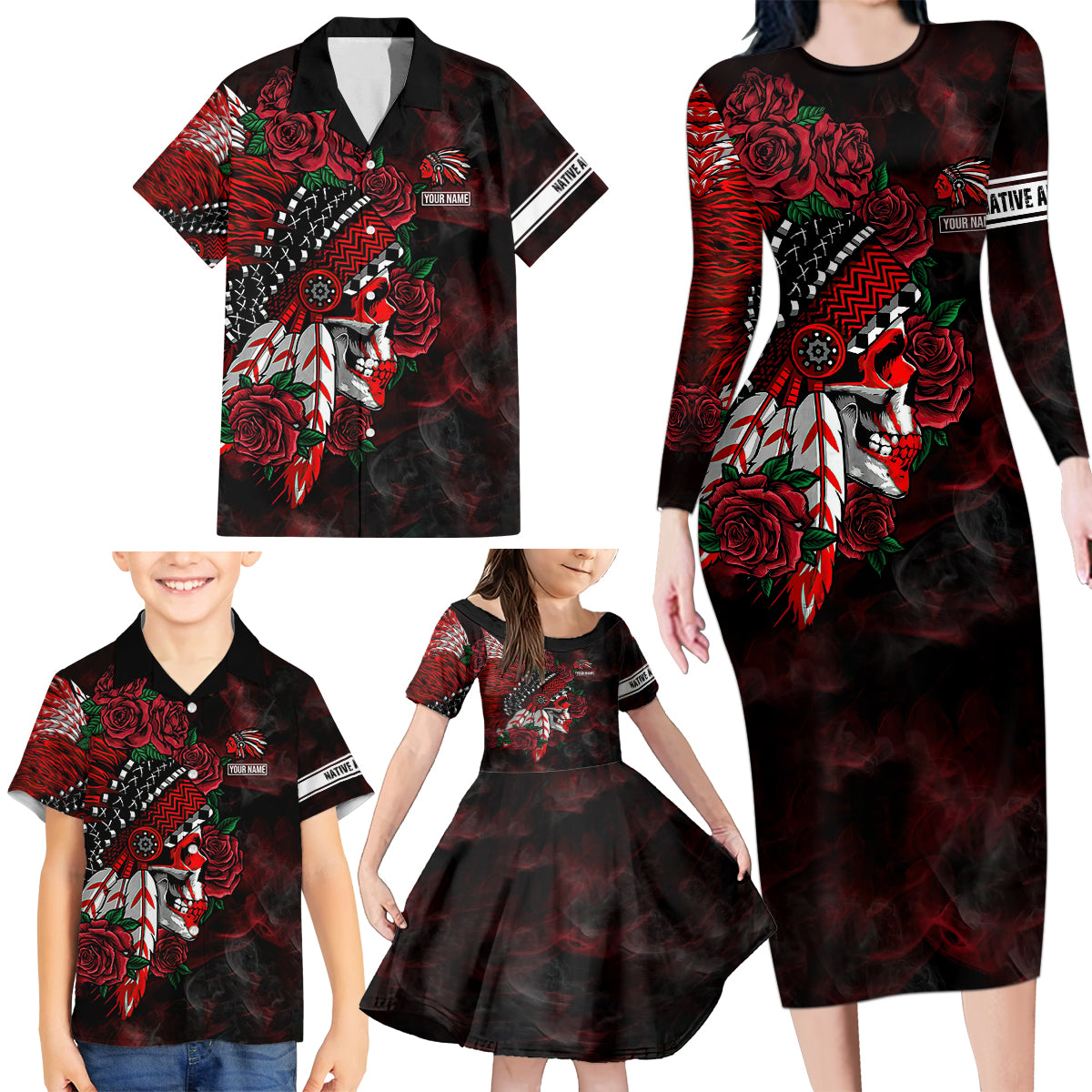 Personalised Native American Chief Skull Family Matching Long Sleeve Bodycon Dress and Hawaiian Shirt Rose Skull - Wonder Print Shop