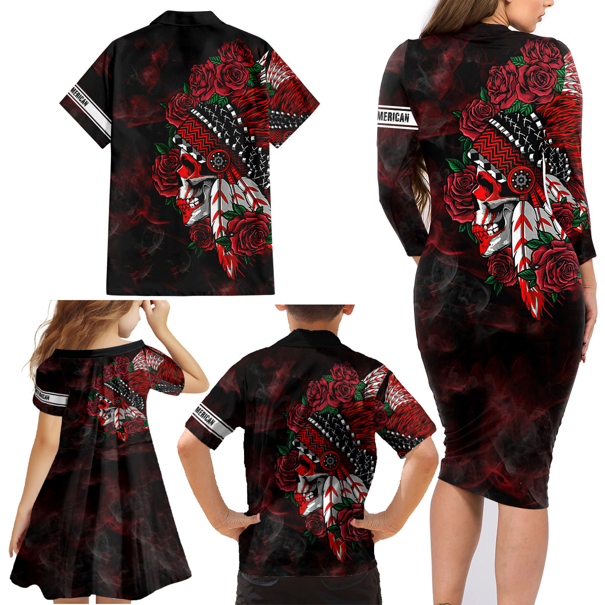 Personalised Native American Chief Skull Family Matching Long Sleeve Bodycon Dress and Hawaiian Shirt Rose Skull - Wonder Print Shop