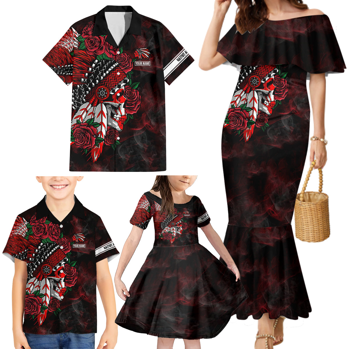 Personalised Native American Chief Skull Family Matching Mermaid Dress and Hawaiian Shirt Rose Skull - Wonder Print Shop