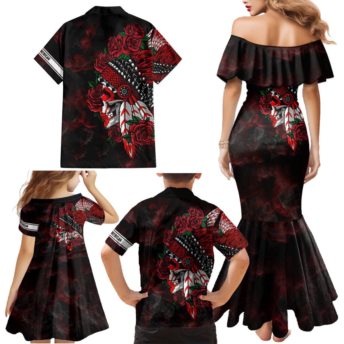 Personalised Native American Chief Skull Family Matching Mermaid Dress and Hawaiian Shirt Rose Skull - Wonder Print Shop