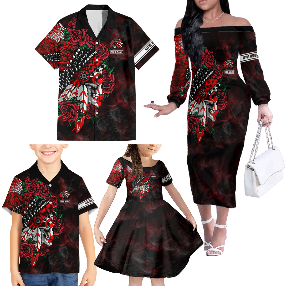 Personalised Native American Chief Skull Family Matching Off Shoulder Long Sleeve Dress and Hawaiian Shirt Rose Skull - Wonder Print Shop