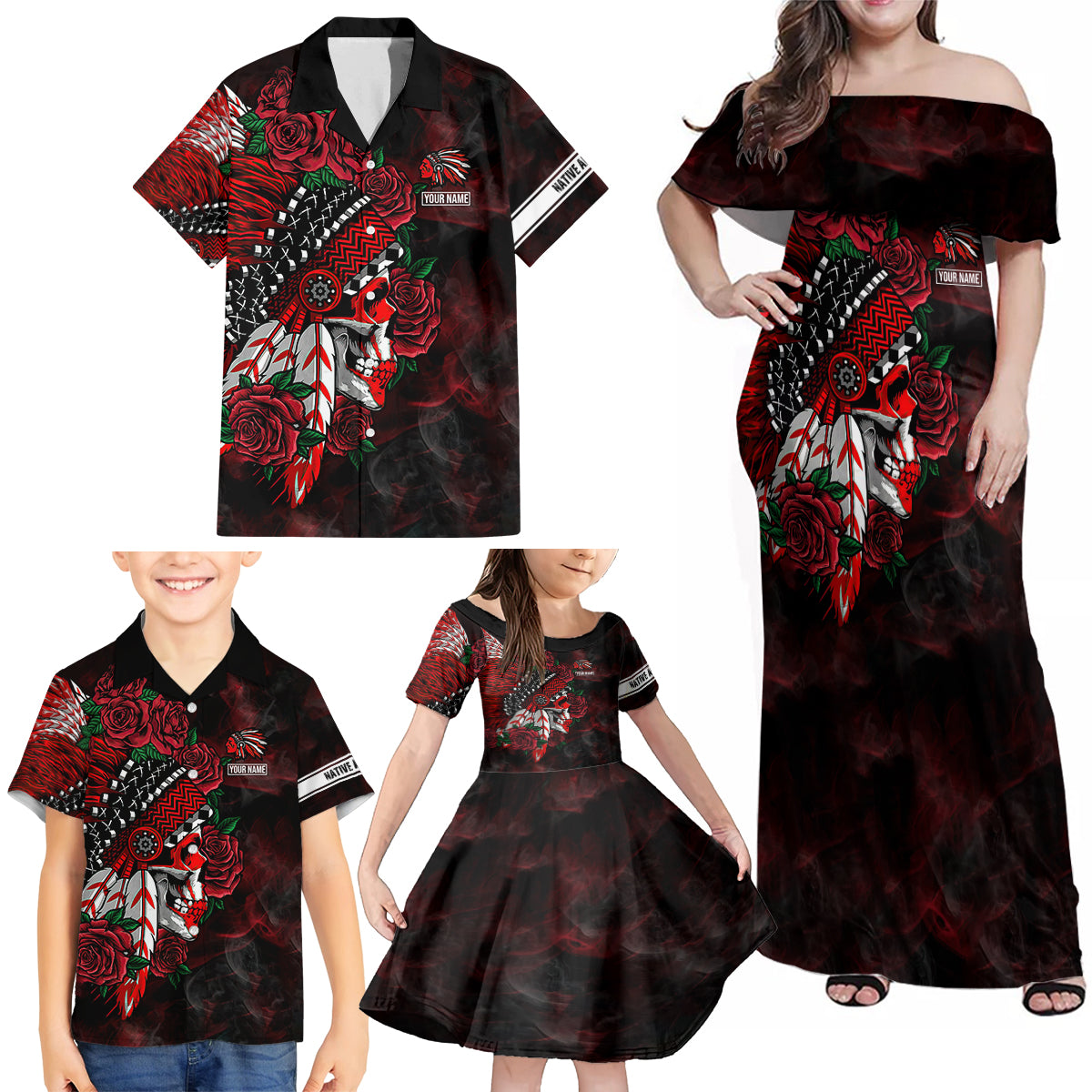 Personalised Native American Chief Skull Family Matching Off Shoulder Maxi Dress and Hawaiian Shirt Rose Skull - Wonder Print Shop