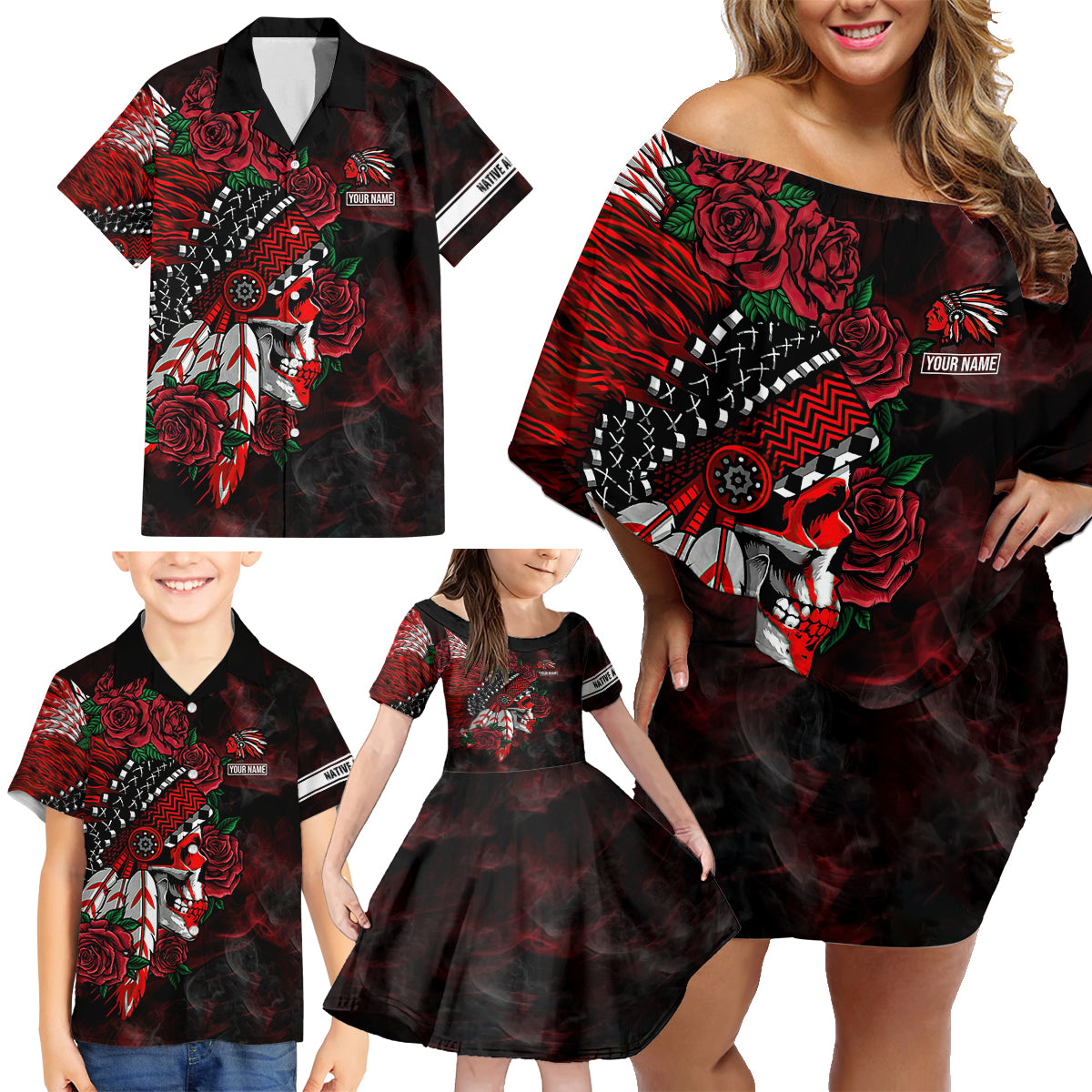 Personalised Native American Chief Skull Family Matching Off Shoulder Short Dress and Hawaiian Shirt Rose Skull - Wonder Print Shop