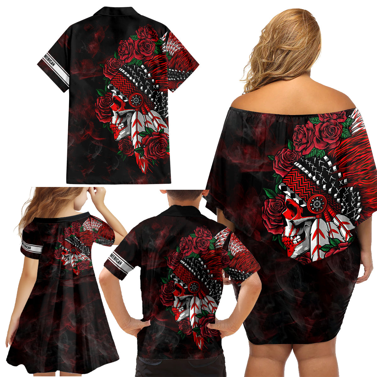 Personalised Native American Chief Skull Family Matching Off Shoulder Short Dress and Hawaiian Shirt Rose Skull - Wonder Print Shop