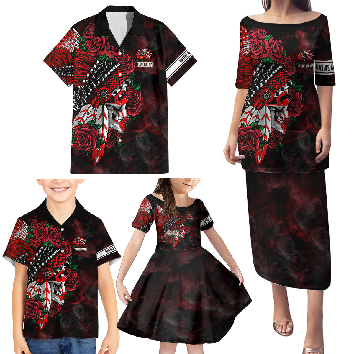 Personalised Native American Chief Skull Family Matching Puletasi Dress and Hawaiian Shirt Rose Skull - Wonder Print Shop